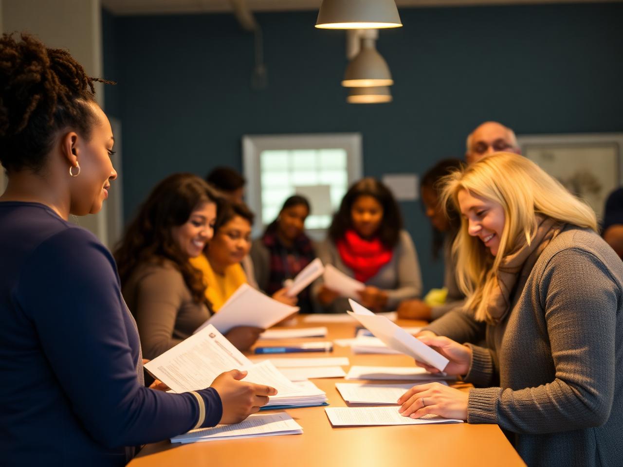 Volunteers helping community members with tax paperwork